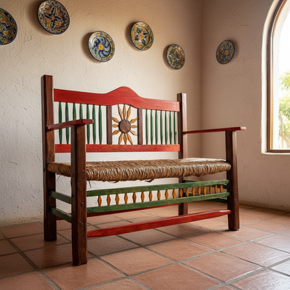 Banco girasoles en sala hacienda con talavera y ventana arqueada