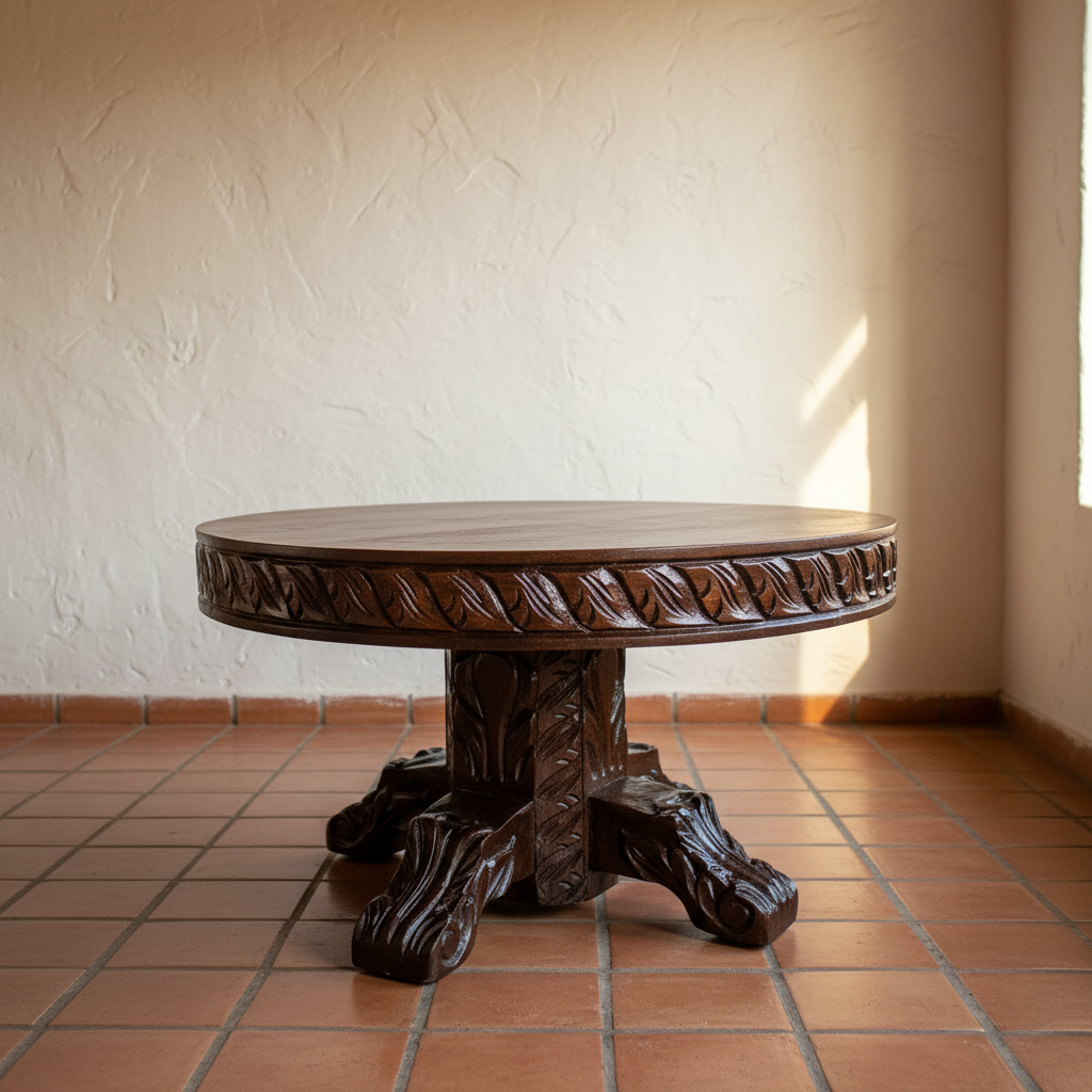 Mesa de mezquite tallada en sala de hacienda mexicana