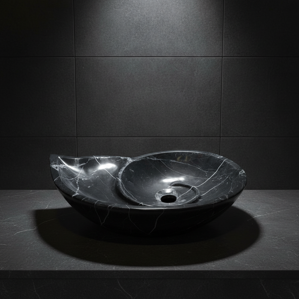 Lavabo de mármol negro nautilus en baño moderno con muro carbón