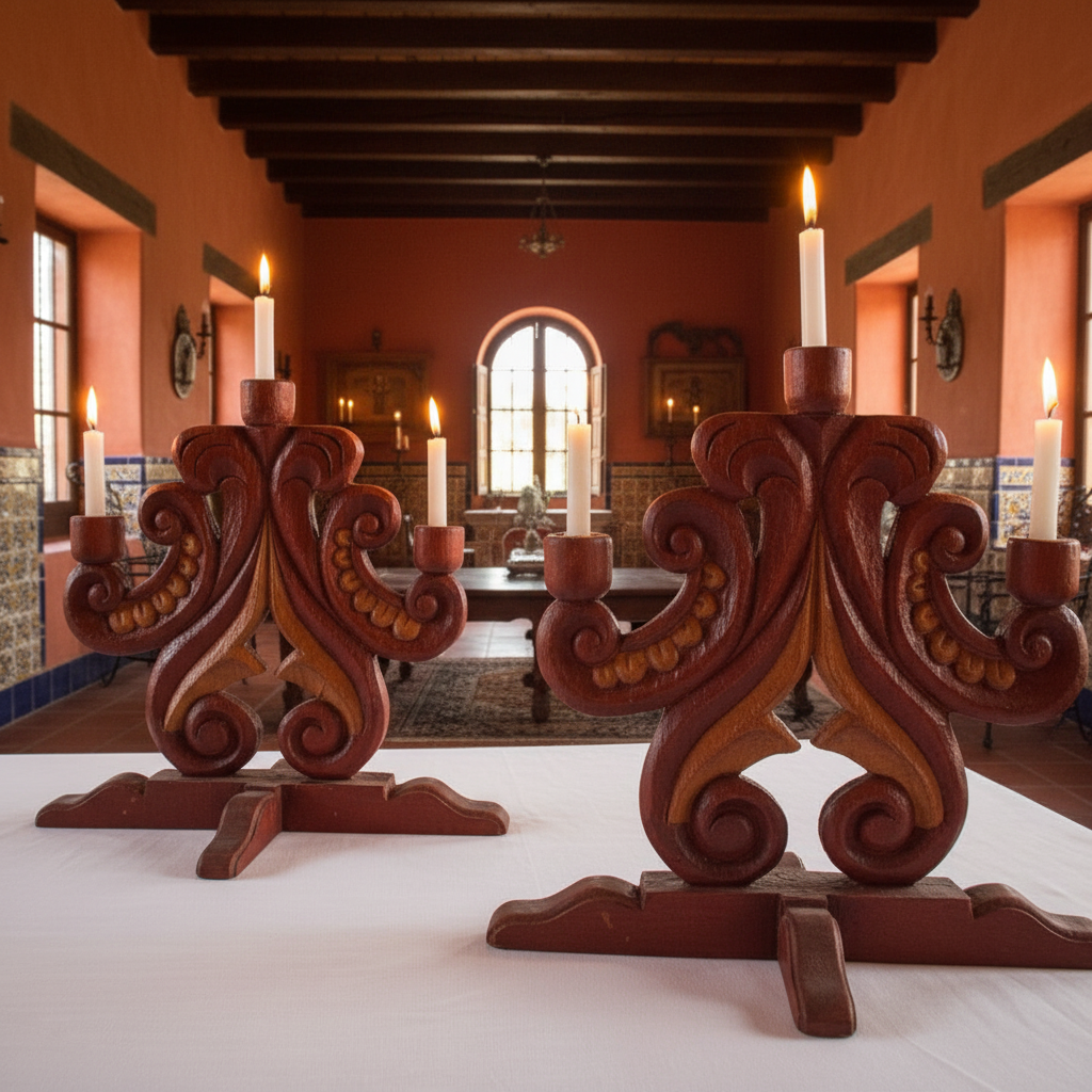 Candelabros tallados a mano en capilla de hacienda con altar de piedra