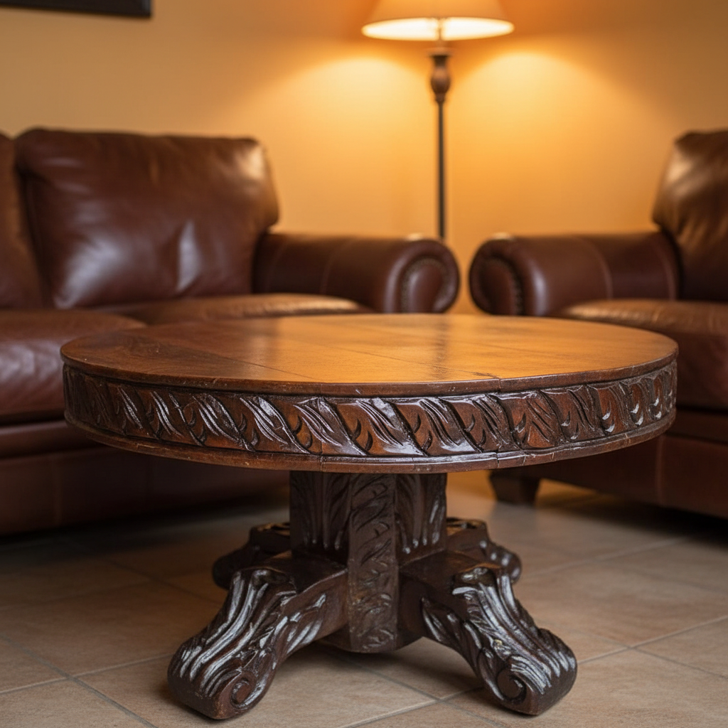 Mesa de mezquite tallada en sala con muro ocre y sofá de piel