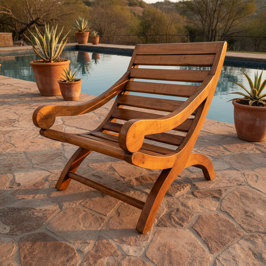 Sillón Miguelito de mezquite en terraza hacienda con alberca de talavera