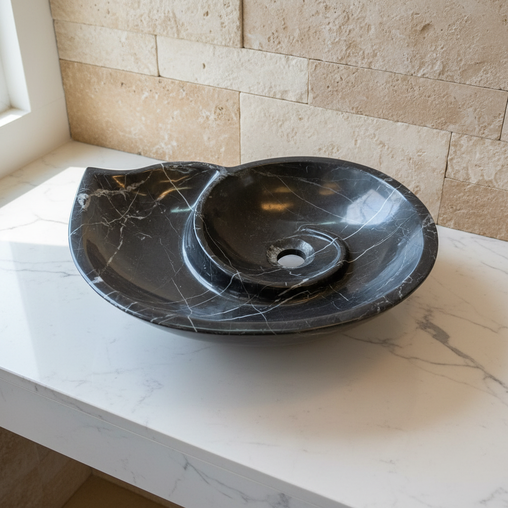 Lavabo de mármol negro nautilus en encimera de mármol blanco baño spa