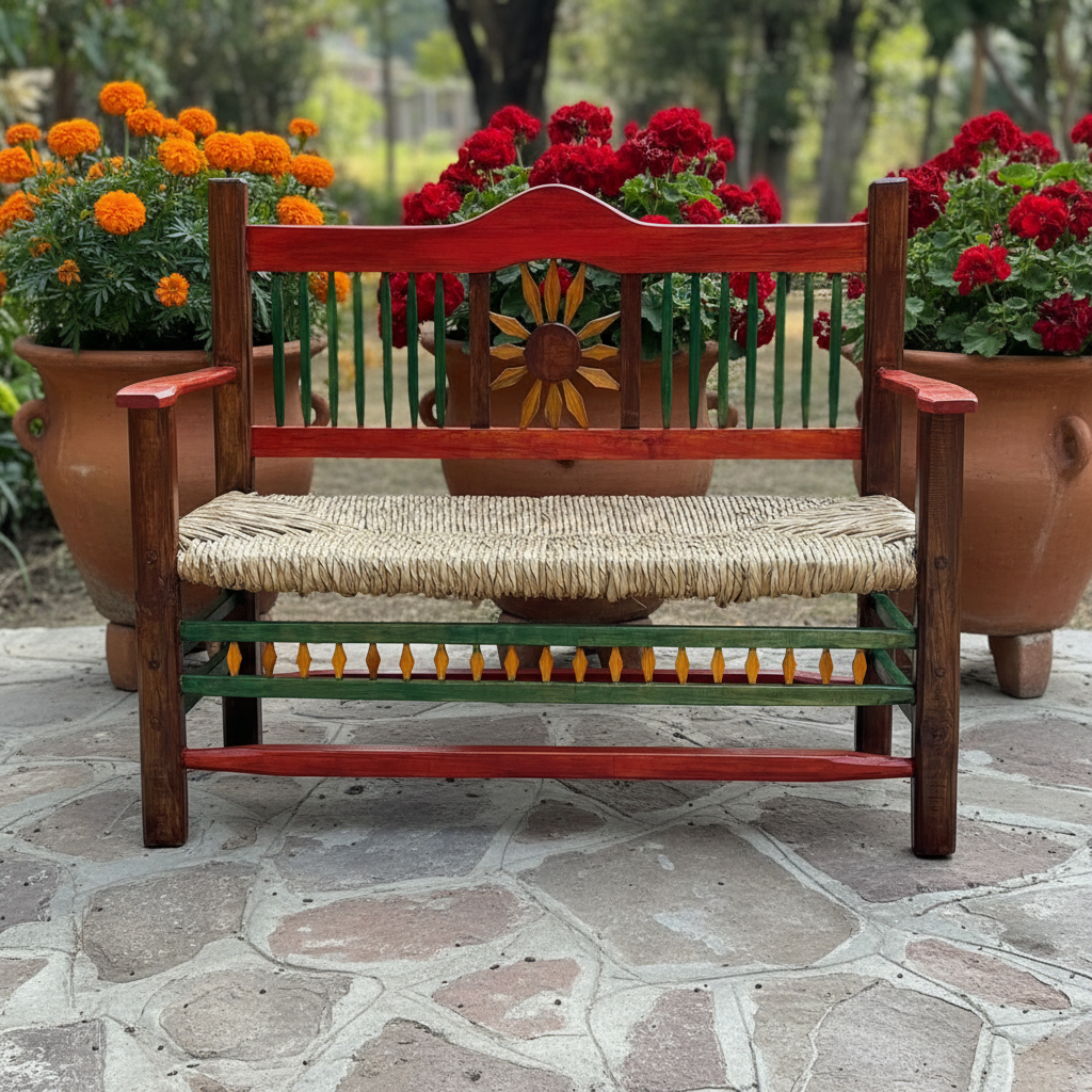 Banco girasoles en jardín colonial con macetas de cempasuichil