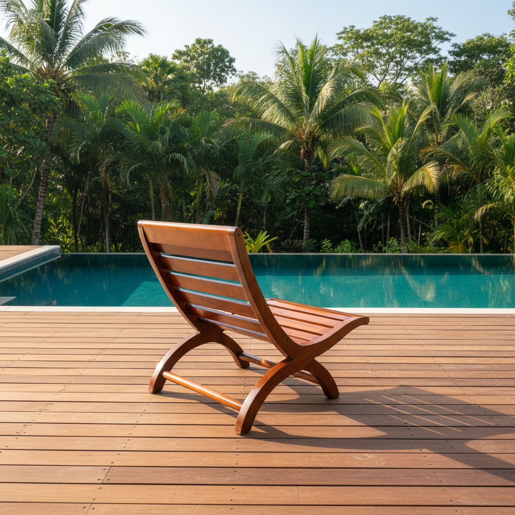 Sillón Miguelito de mezquite en deck de madera con alberca infinity y selva