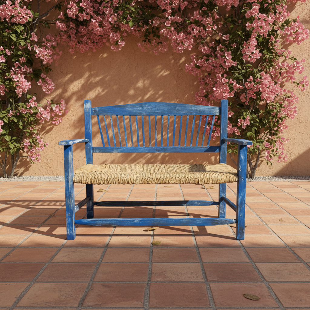 Banca azul vintage en patio de hacienda mexicana con bugambilias