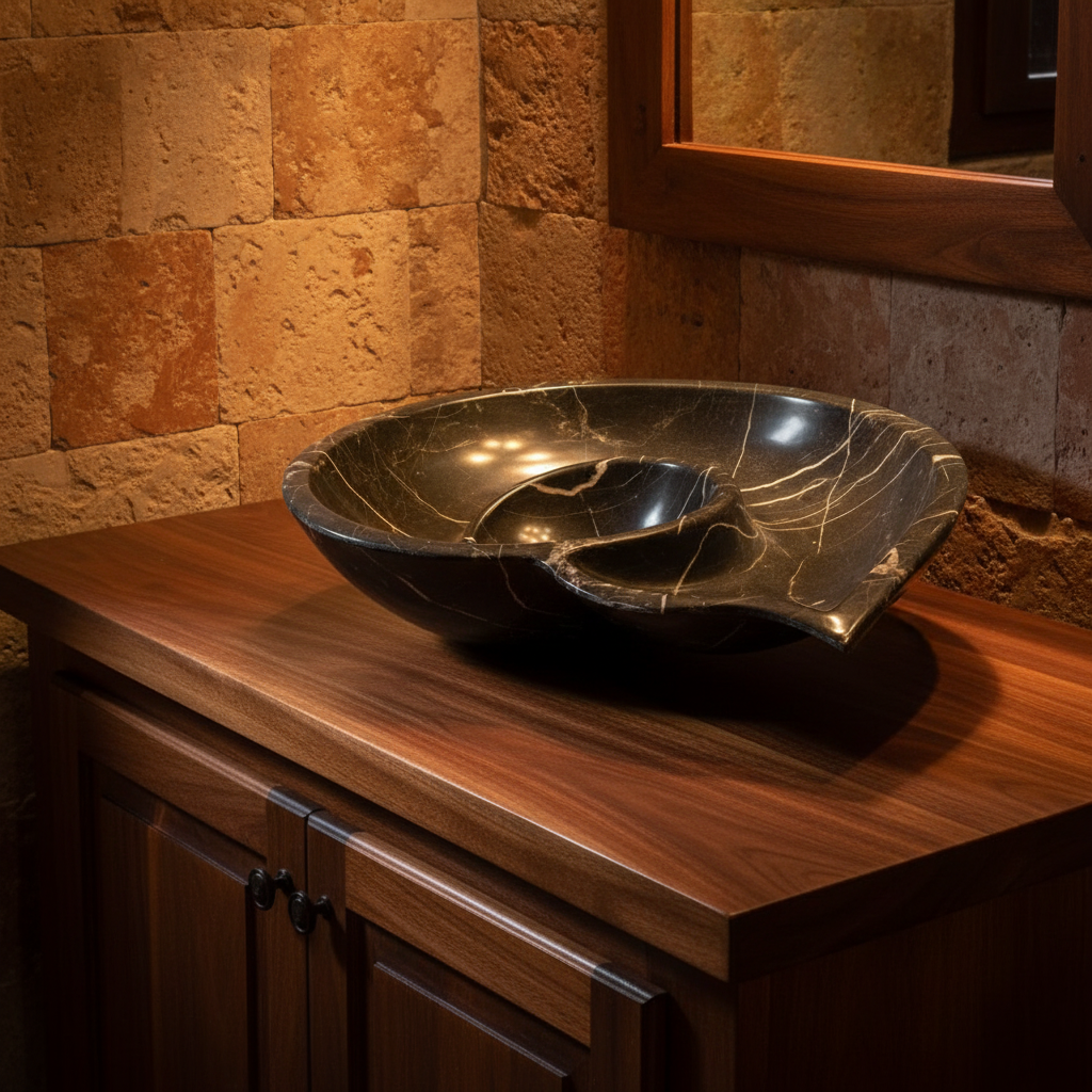 Lavabo de mármol negro nautilus en vanity de nogal con talavera
