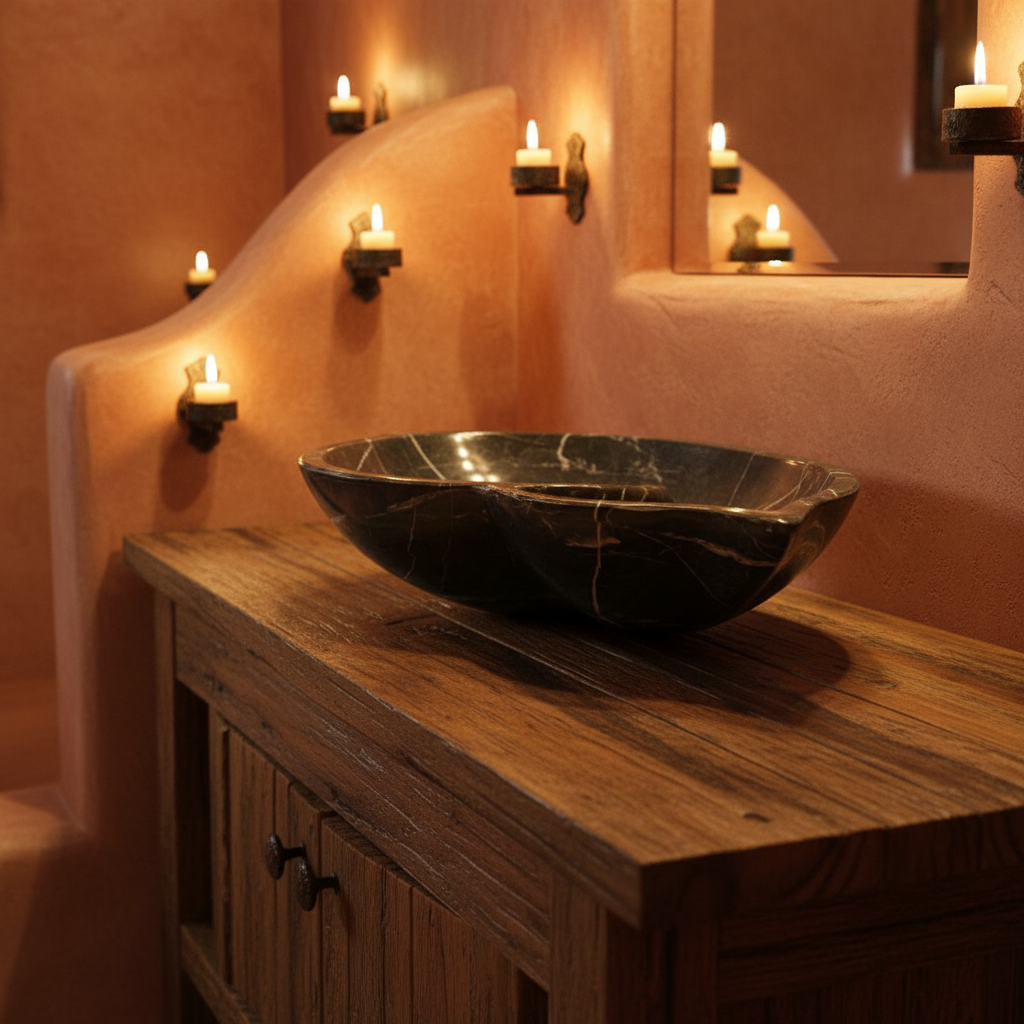Lavabo de mármol negro nautilus en vanity rústico con luz de vela