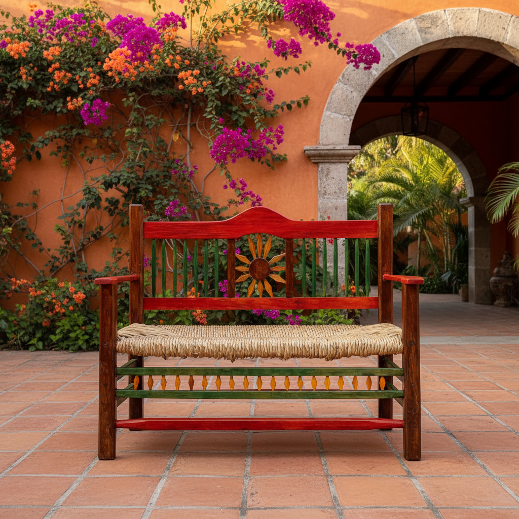 Banco girasoles en patio hacienda con bugambilias y arco de piedra