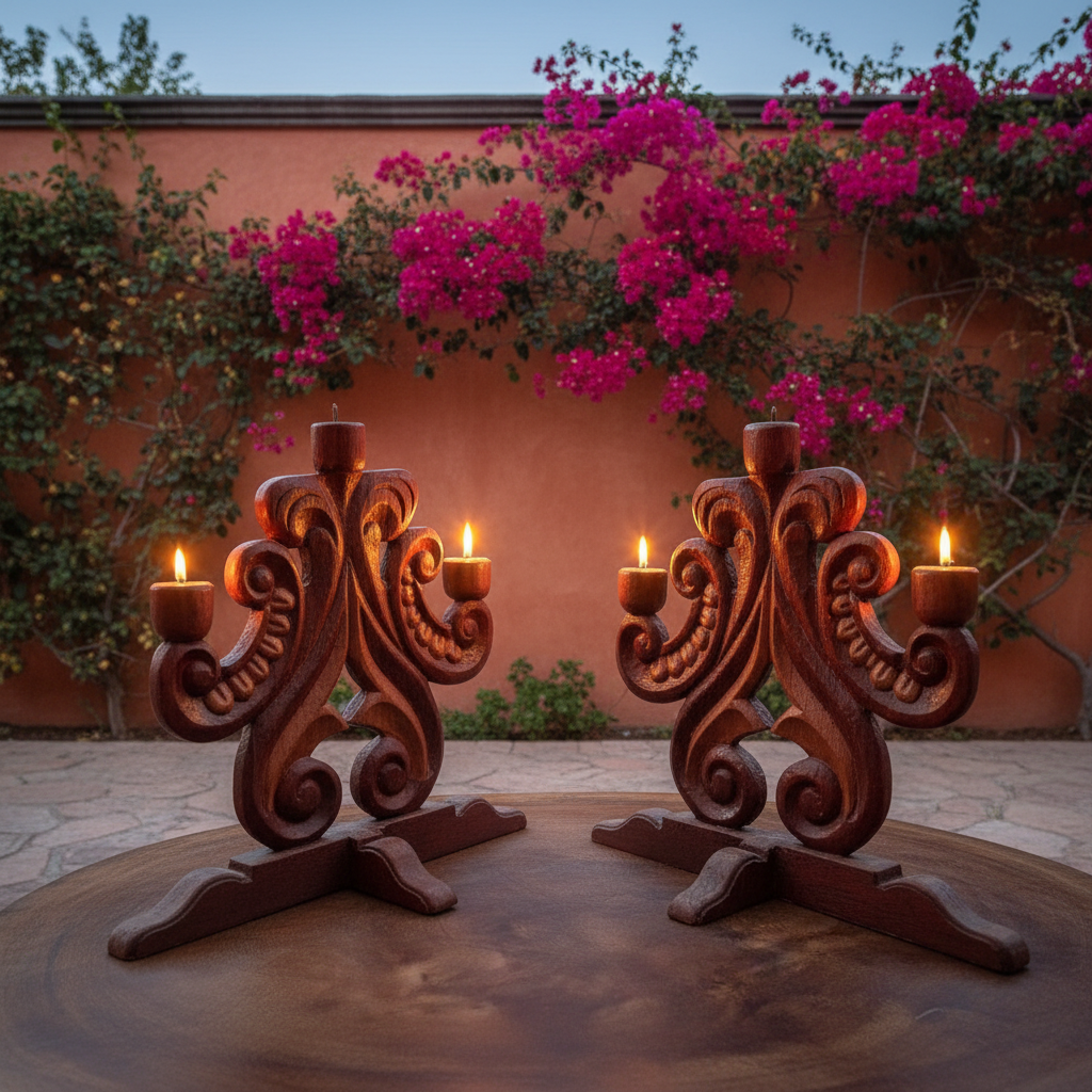 Candelabros tallados a mano en jardín hacienda al atardecer con bugambilias