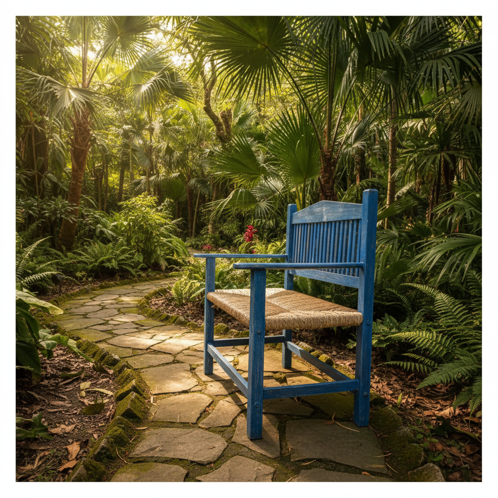Banca azul vintage en jardín tropical con palmeras