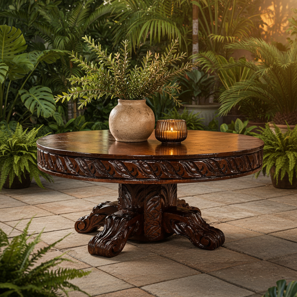Mesa de mezquite tallada en terraza jardín al atardecer
