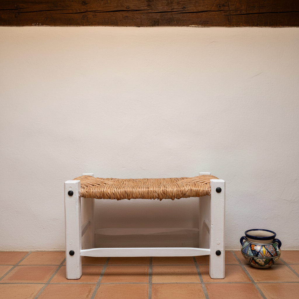 Banca artesanal blanca con tule en interior mexicano con vigas