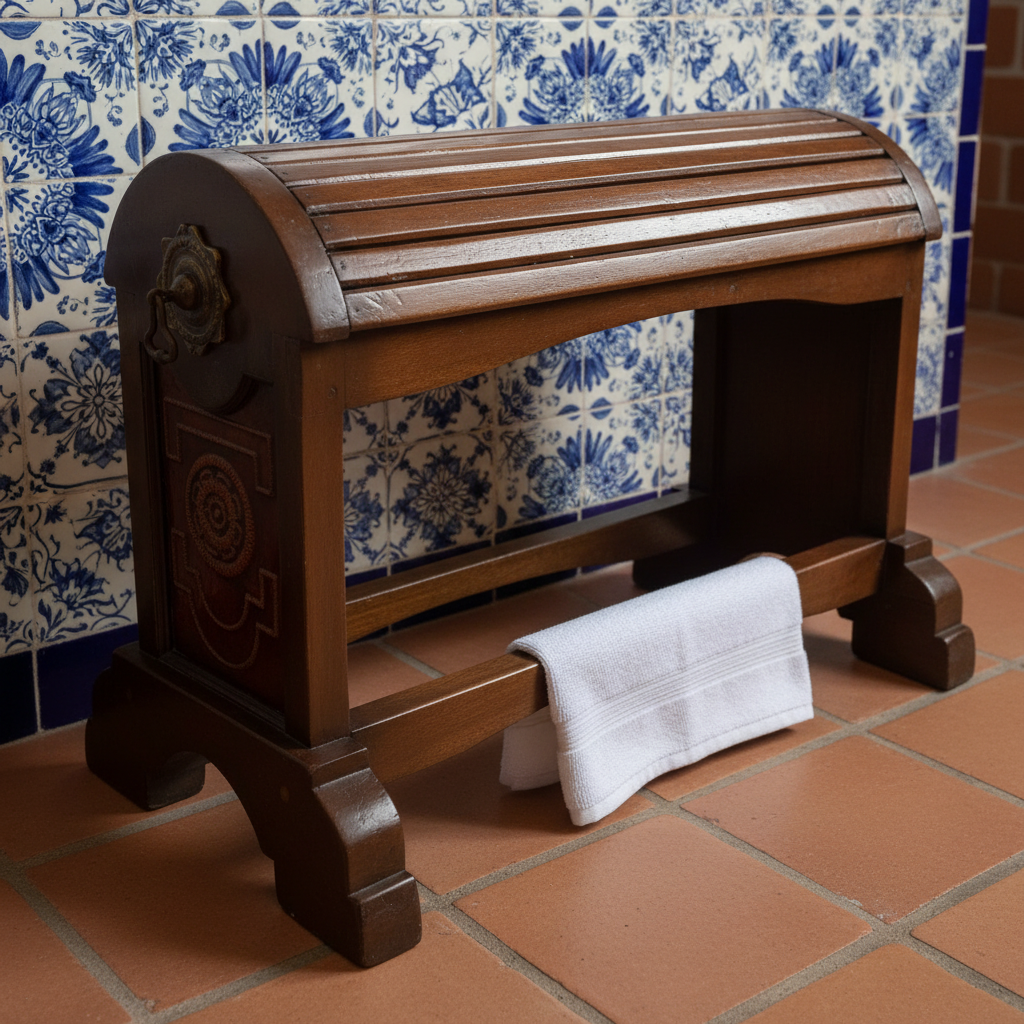 Toallero de piso de parota estilo antiguo en baño de hacienda con talavera