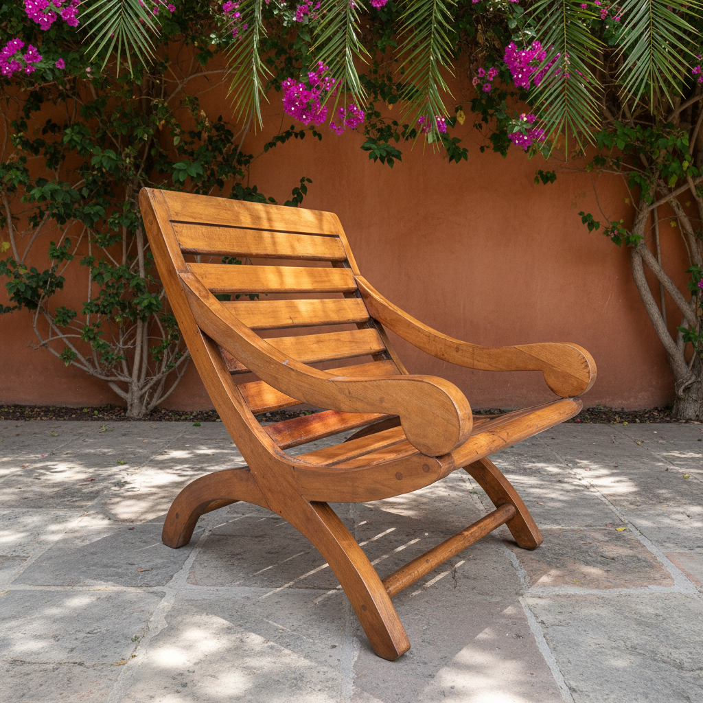 Sillón Miguelito de mezquite en patio sombreado con bugambilias y piedra