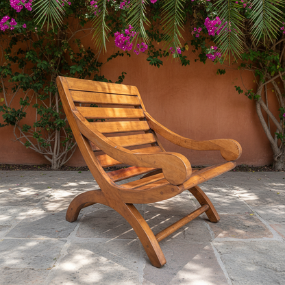 Sillón Miguelito de mezquite en patio sombreado con bugambilias y piedra
