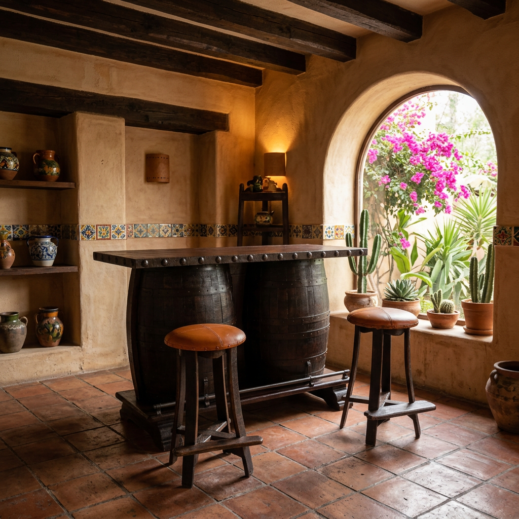 Cantina de Mezquite con Barriles Antiguos y Hierro Forjado