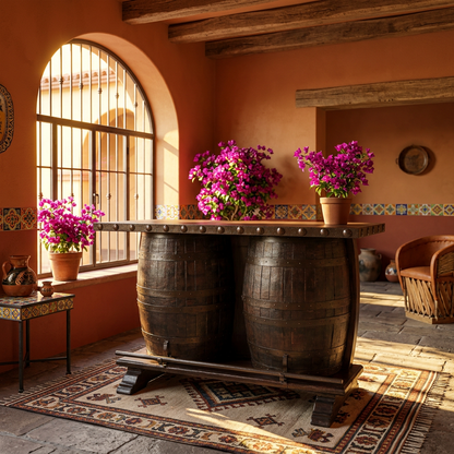 Cantina de Mezquite con Barriles Antiguos y Hierro Forjado