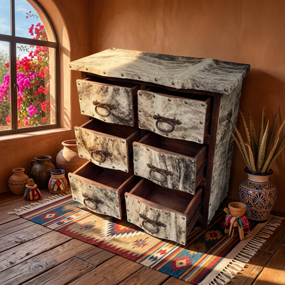 Cajonera de Madera de Cedro y Piel de Vaca Blanca 6 Cajones