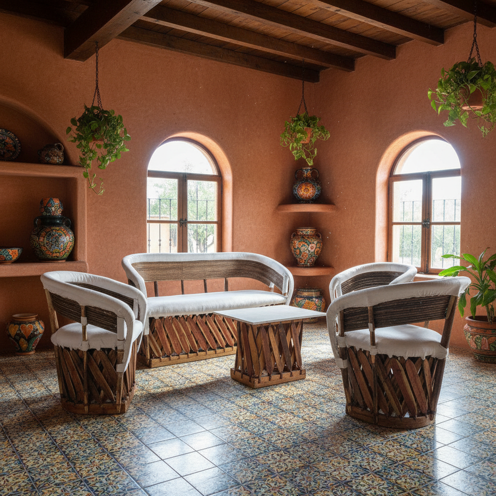 Sala Artesanal Para 4 Personas Estilo Equipal De Varas