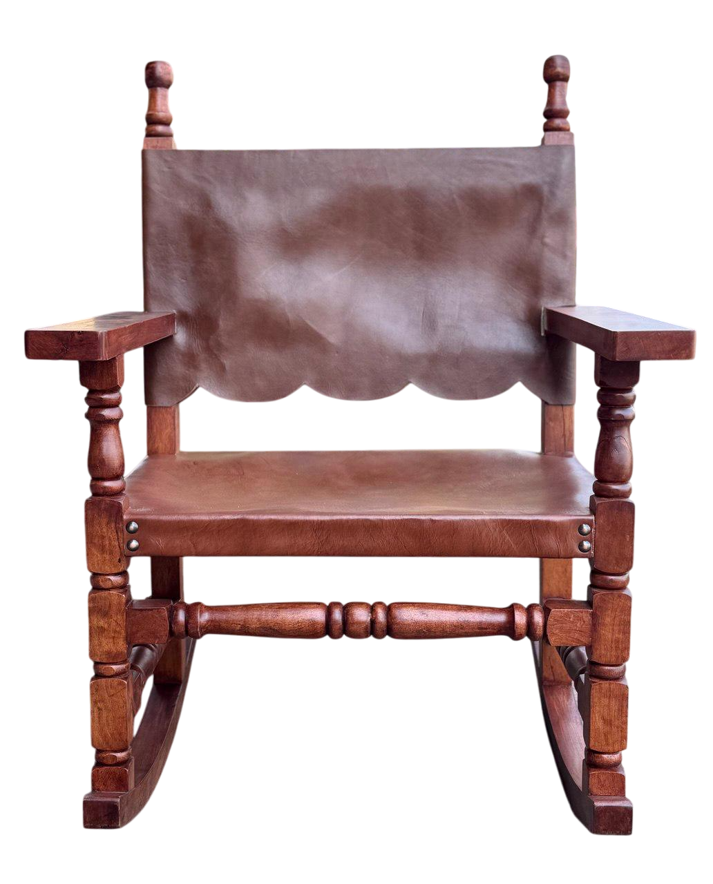 Silla Mecedora En Madera De Mezquite Y Piel Tallada A Mano Estilo Antiguo.