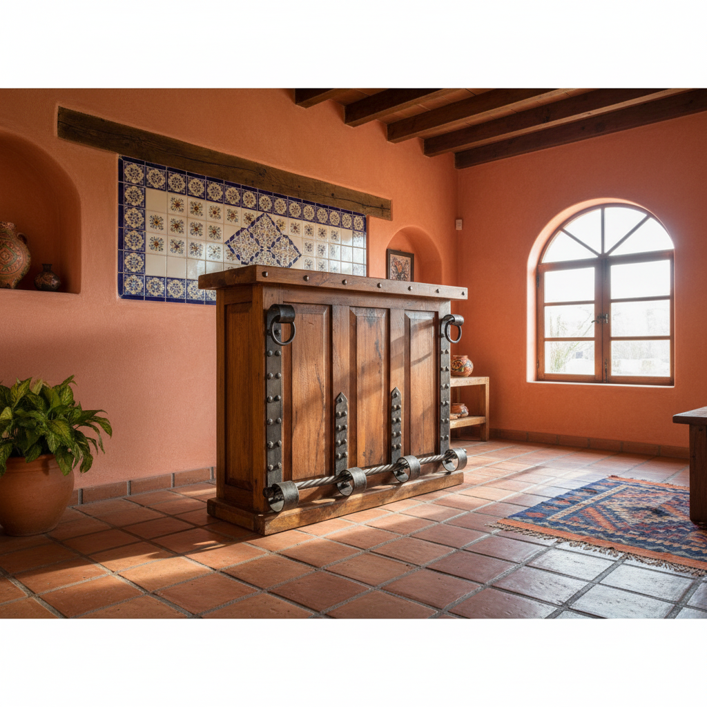 Barra Cantina De Madera De Mezquite Y Hierro Forjado Antiguo