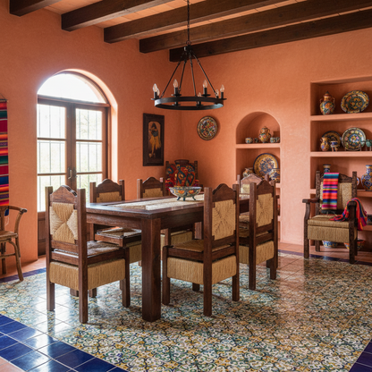 Hermoso Comedor Artesanal De Madera Sustentable Y Tejido En La Cubierta De La Mesa Y 8 Sillas