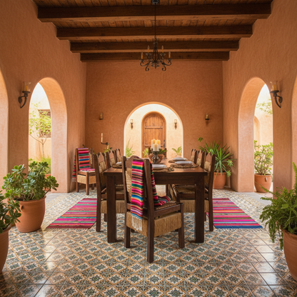 Hermoso Comedor Artesanal De Madera Sustentable Y Tejido En La Cubierta De La Mesa Y 8 Sillas