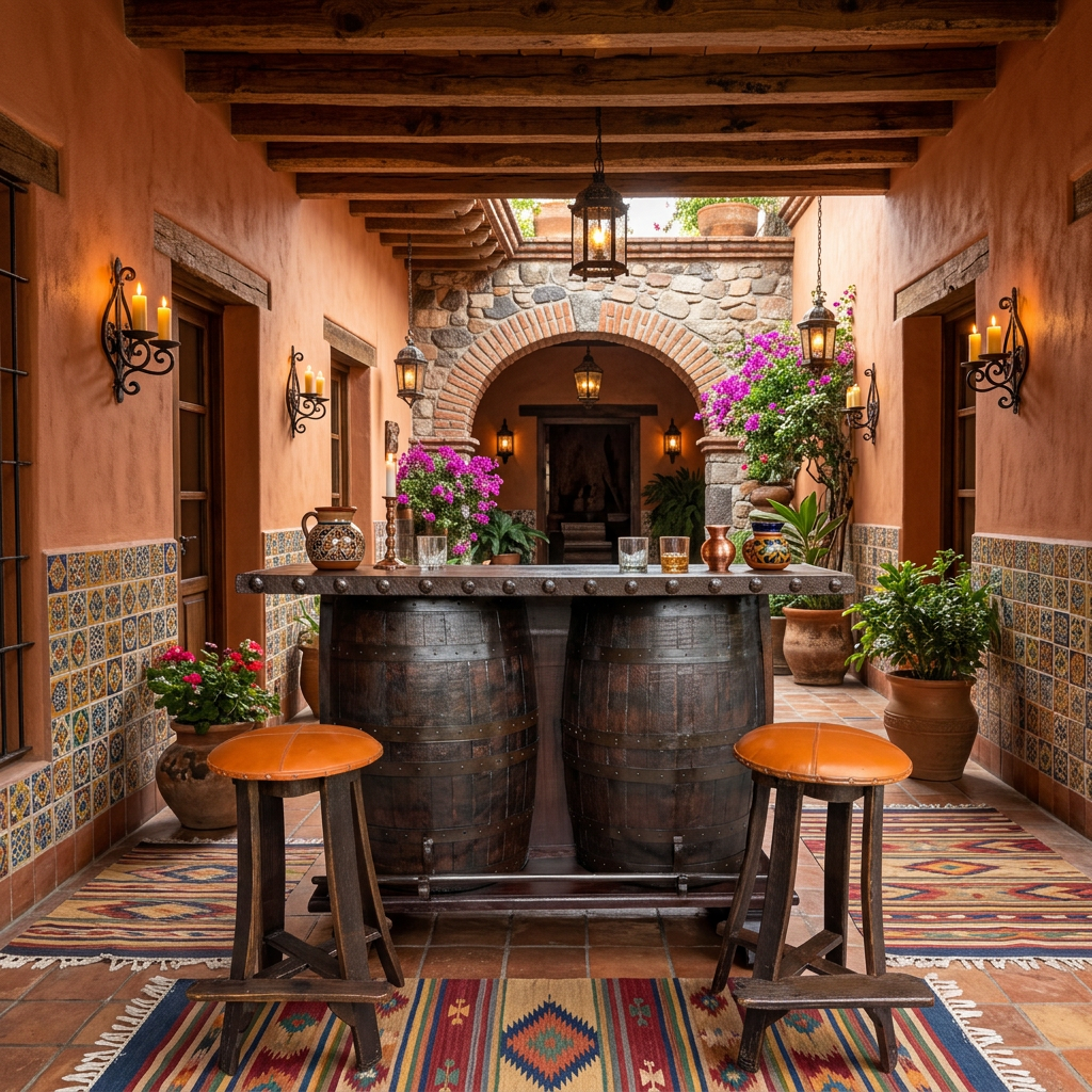 Cantina de Mezquite con Barriles Antiguos y Hierro Forjado