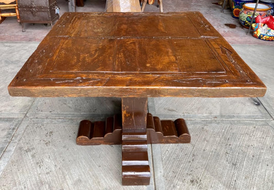 Mesa de comedor rústica hecha a mano, 1m x 1m x 77cm, madera de 200 años, cubierta de puerta antigua, patas de techo de finca