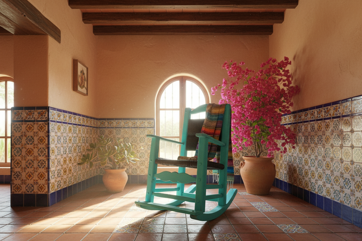 Bella Mecedora De Madera Sustentable Y Tule Estilo Antiguo.