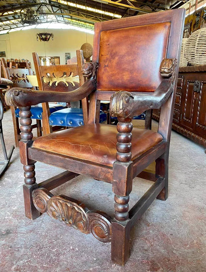 Sillon De Madera De Mezquite Tallado A Mano Y Piel