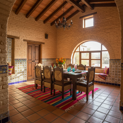 Hermoso Comedor Artesanal De Madera Sustentable Y Tejido En La Cubierta De La Mesa Y 8 Sillas