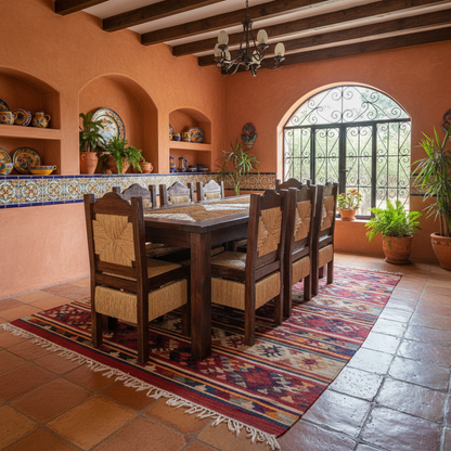 Hermoso Comedor Artesanal De Madera Sustentable Y Tejido En La Cubierta De La Mesa Y 8 Sillas