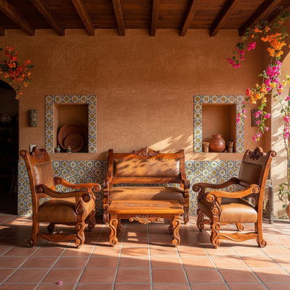 Sala Madera Mezquite Labrada Piel Estilo Antiguo Marrón