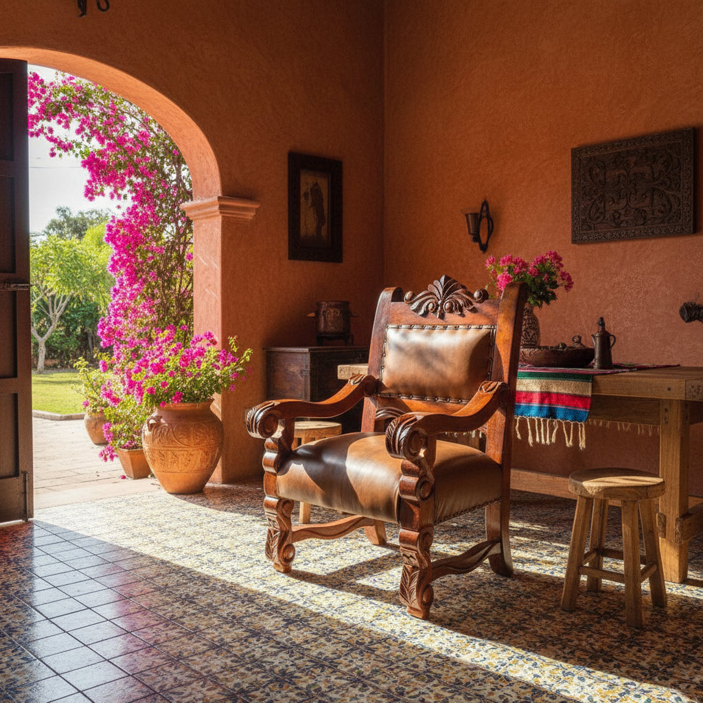 Sala Madera Mezquite Labrada Piel Estilo Antiguo Marrón