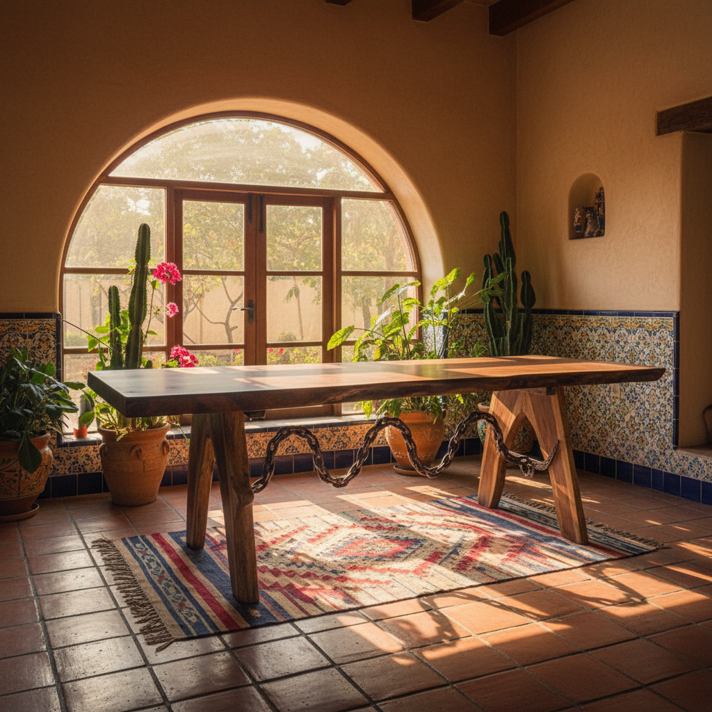 Mesa de Parota con Cadena de Hierro Forjado | Madera de Parota, Hierro Forjado, Patas de Madera, Diseño Rústico, Artesanal