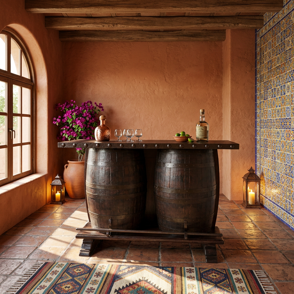 Cantina de Mezquite con Barriles Antiguos y Hierro Forjado