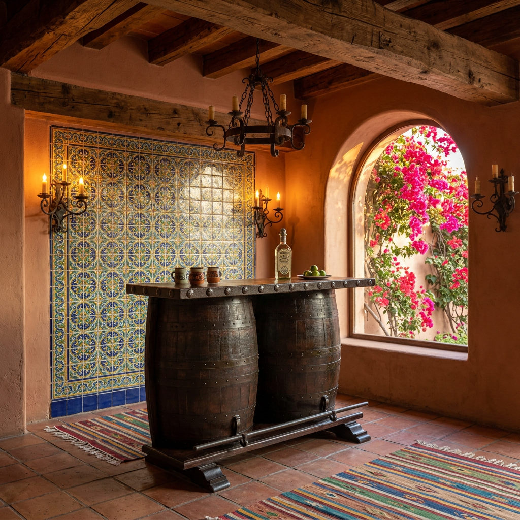 Cantina de Mezquite con Barriles Antiguos y Hierro Forjado