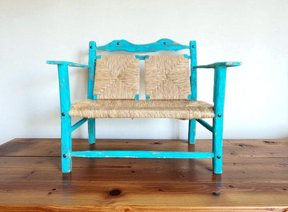Vintage Turquoise Handcrafted Bench for 2 People, Antique Style. Very Comfortable for Outdoor Garden, Made of Sustainable Wood, Modern Terrace 