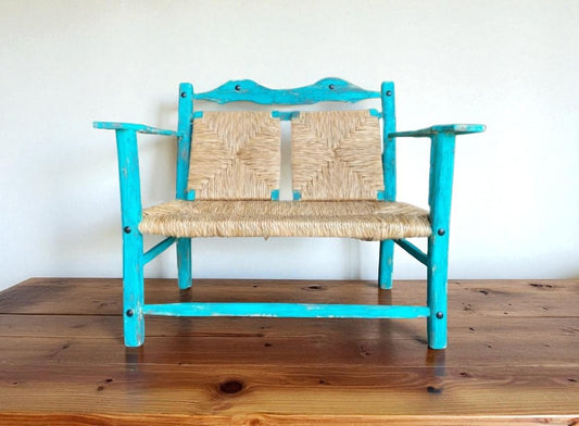 Vintage Turquoise Handcrafted Bench for 2 People, Antique Style. Very Comfortable for Outdoor Garden, Made of Sustainable Wood, Modern Terrace 