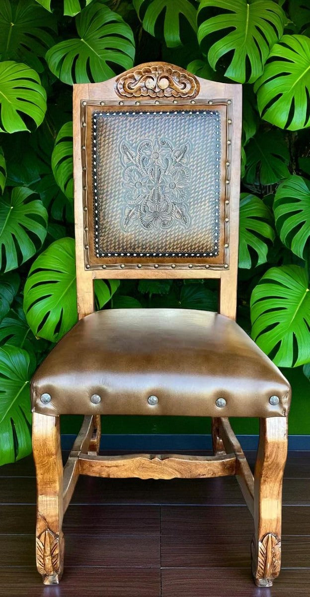 Handcrafted Mesquite Wood Chair with Antique Style Leather.