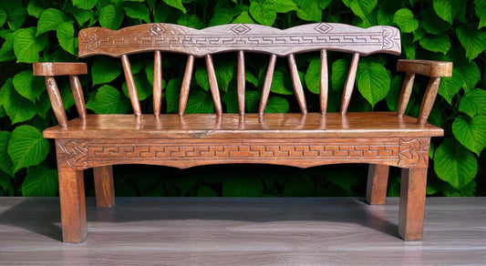 Antique and Original Hand-Carved Mesquite Wood Bench