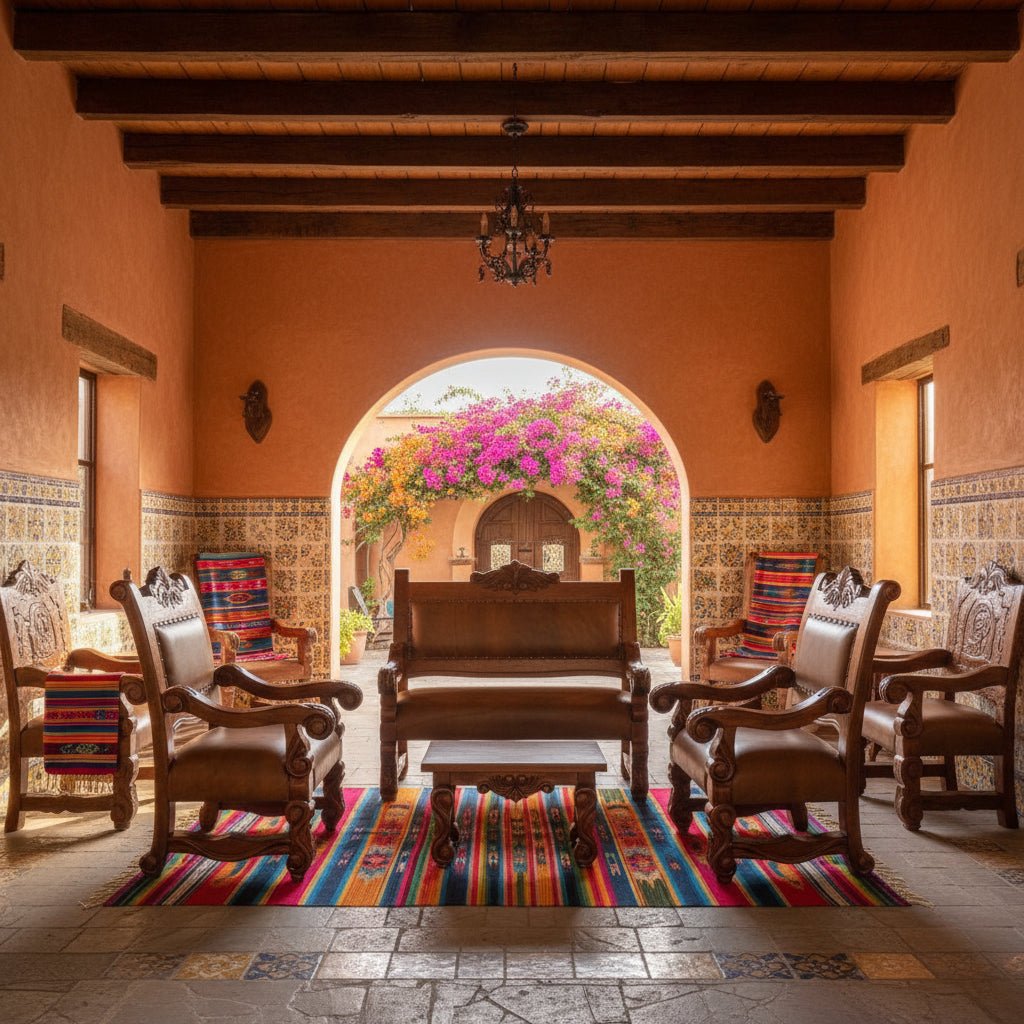 Sala Madera Mezquite Labrada Piel Estilo Antiguo Marrón
