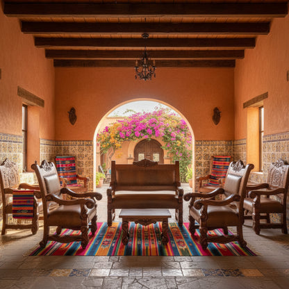 Sala Madera Mezquite Labrada Piel Estilo Antiguo Marrón